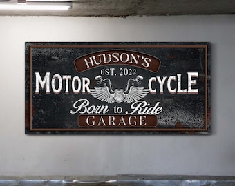 Custom Motorcycle Garage Sign, Personalized Garage Decor, Garage Wall Art, Rustic Workshop Decor, Man Cave Wall Decor, Large Canvas Print