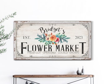 Personalized Flower Market Sign, Custom Fresh Flower Sign, Entryway Decor, Spring Wall Art, Modern Farmhouse Wall Decor, Rustic Canvas Print