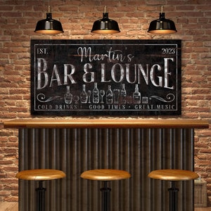 Personalized Bar & Lounge Sign, Custom Basement Bar Wall Art, Home Bar Sign, Man Cave Sign, Modern Farmhouse Decor, Vintage Canvas Print