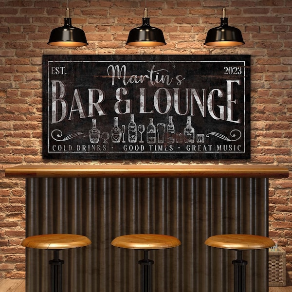 Personalisiertes Bar & Lounge Schild, Benutzerdefinierte Kellerbar Wandkunst, Hausbar Schild, Männerhöhle Schild, Moderne Bauernhausdekoration, Vintage Leinwanddruck