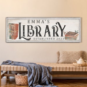 Personalized Library Sign, Custom Reading Corner Wall Decor, Vintage Bookworm Sign, Book Club Decor, Gift for Teacher, Rustic Canvas Print
