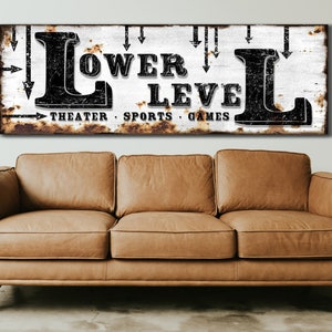 Lower Level Sign, Basement Sign, Game Room Decor, Movie Theater Decor, Rustic Lounge Decor, Vintage Farmhouse Wall Art, Large Canvas Print