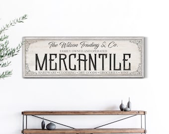 Personalized Mercantile Sign, General Store Sign, Custom Family Name Wall Art, Outdoor Wall Decor, Rustic Entryway Sign, Canvas Print