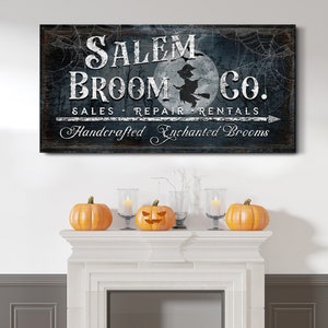 Salem Broom Co Sign Halloween Wall Decor Spooky Broom Company Sign Vintage Halloween Decorations Witch Broom Sign Medieval Canvas Wall Art