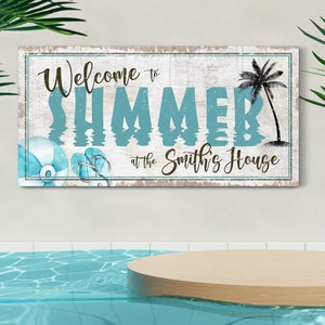 May include: Welcome to Summer at the Smith's House sign with a blue and white beach ball, flip flops, and a palm tree on a whitewashed wood background.
