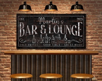 Personalized Bar & Lounge Sign, Custom Basement Bar Wall Art, Home Bar Sign, Man Cave Sign, Modern Farmhouse Decor, Vintage Canvas Print