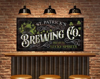 Custom Brewing Co. Sign, St. Patrick's Day Wall Decor, Irish Holiday Decor, Home Pub Sign, Farmhouse Basement Bar Decor, Vintage Canvas Art