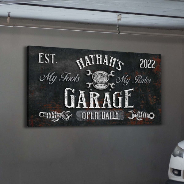 Custom Garage Sign, Car Mechanic Sign, Work Shop Sign, My Tool My Rules, Garage Decor, Man Cave Decor, Farmhouse Wall Art, Large Canvas Art