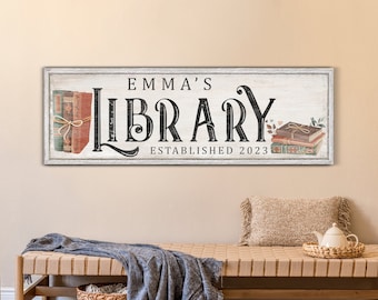 Gepersonaliseerde bibliotheek teken, aangepaste leeshoek muur decor, vintage boekenwurm teken, boekenclub decor, cadeau voor leraar, rustieke canvas print