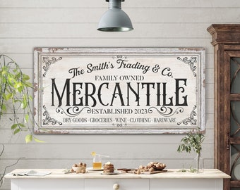 Personalized Mercantile Sign, Custom Family Company Sign, General Store Sign, Entryway Wall Decor, Outdoor Wall Hanging, Rustic Canvas Print
