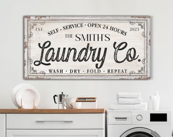 Personalized Laundry Co Sign, Custom Laundry Room Wall Art, Wash & Dry Sign, Washing Room Wall Decor, Outdoor Sign, Rustic Canvas Print