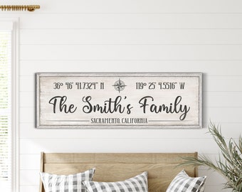 Personalized Family Name Sign, Custom Coordinates Sign, Latitude Longitude Wall Art, Living Room Decor, Housewarming Gift, Canvas Print