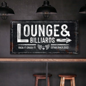 Custom Billiards Sign, Billiards & Lounge Sign, Pool Table Sign, Vintage Game Room Decor, Farmhouse Wall Decor, Large Rustic Canvas Print