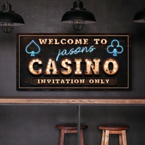 Insegna del casinò personalizzata, Insegna della sala da poker, Decorazione della parete della sala giochi, Decorazione del garage e del seminterrato, Decorazione della parete della caverna dell&#39;uomo, Arte della parete della fattoria, Stampa su tela