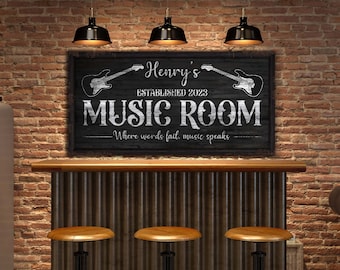 Personalized Music Room Sign, Custom Studio Sign, Home Decor for Musician & Guitarist, Music Instruments Wall Art, Vintage Canvas Print