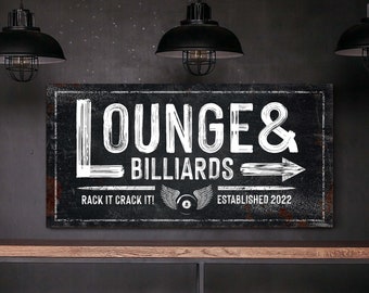 Custom Billiards Sign, Billiards & Lounge Sign, Pool Table Sign, Vintage Game Room Decor, Farmhouse Wall Decor, Large Rustic Canvas Print
