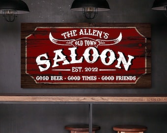 Personalized Saloon Sign, Western Saloon Decor, Old Town Bar Sign, Lounge Sign, Tavern Wall Art, Home Bar, Farmhouse Wall Art, Canvas Print