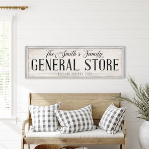 Insegna personalizzata del negozio generale, arte da parete personalizzata con nome di famiglia, decorazione da parete per esterni, decorazione dell'ingresso, decorazione della cucina rustica, stampa su tela