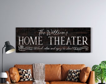 Custom Home Theater Sign, Personalized Movie & Tv Room Wall Decor, Family Lounge Sign, Modern Farmhouse Wall Art, Vintage Canvas Print