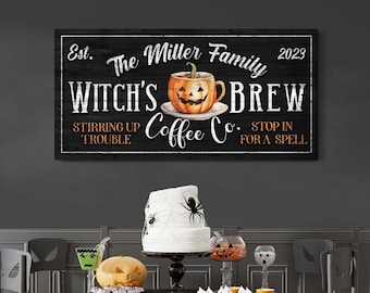 Personalized Witches Brew Coffee Co. Sign, Salem Brew Sign, Halloween Coffee House Sign, Halloween Cafe Decor, Spooky Kitchen Canvas Art