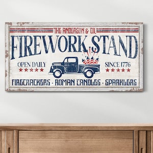 Personalized Firework Stand Sign With Family Name, 4th Of July Wall Decor, Vintage Modern Farmhouse Wall Art, Rustic Patriotic Canvas Print