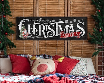 Personalized Welcome to Christmas, Custom Family Last Name Sign, Vintage Xmas Entryway Canvas Art, Winter Holiday Decor, Merry Christmas