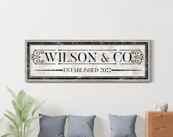 Aangepaste familie bedrijfsnaam teken, aangepaste achternaam teken, Est. Datum kantoor decor, vintage woonkamer decor, boerderij kunst aan de muur, canvas print