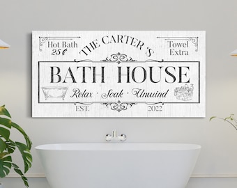 Custom Bath House Sign, Bathroom Decor, Hot Bath Sign, Over Bath Tub Decor, Bathroom Wall Art, Rustic Farmhouse Wall Art, Large Canvas Print