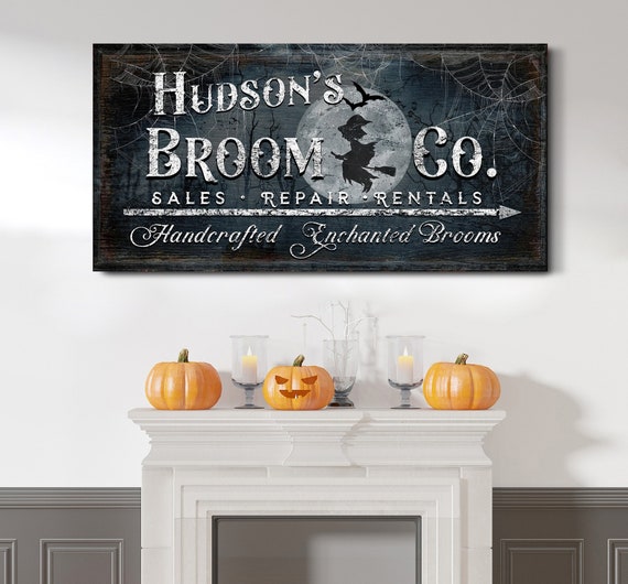 Personalized Broom Co Spooky Design Cobwebs Rustic Halloween Name Sign Halloween Home Decor Witch Broom Canvas Wall Art Rustic Fall