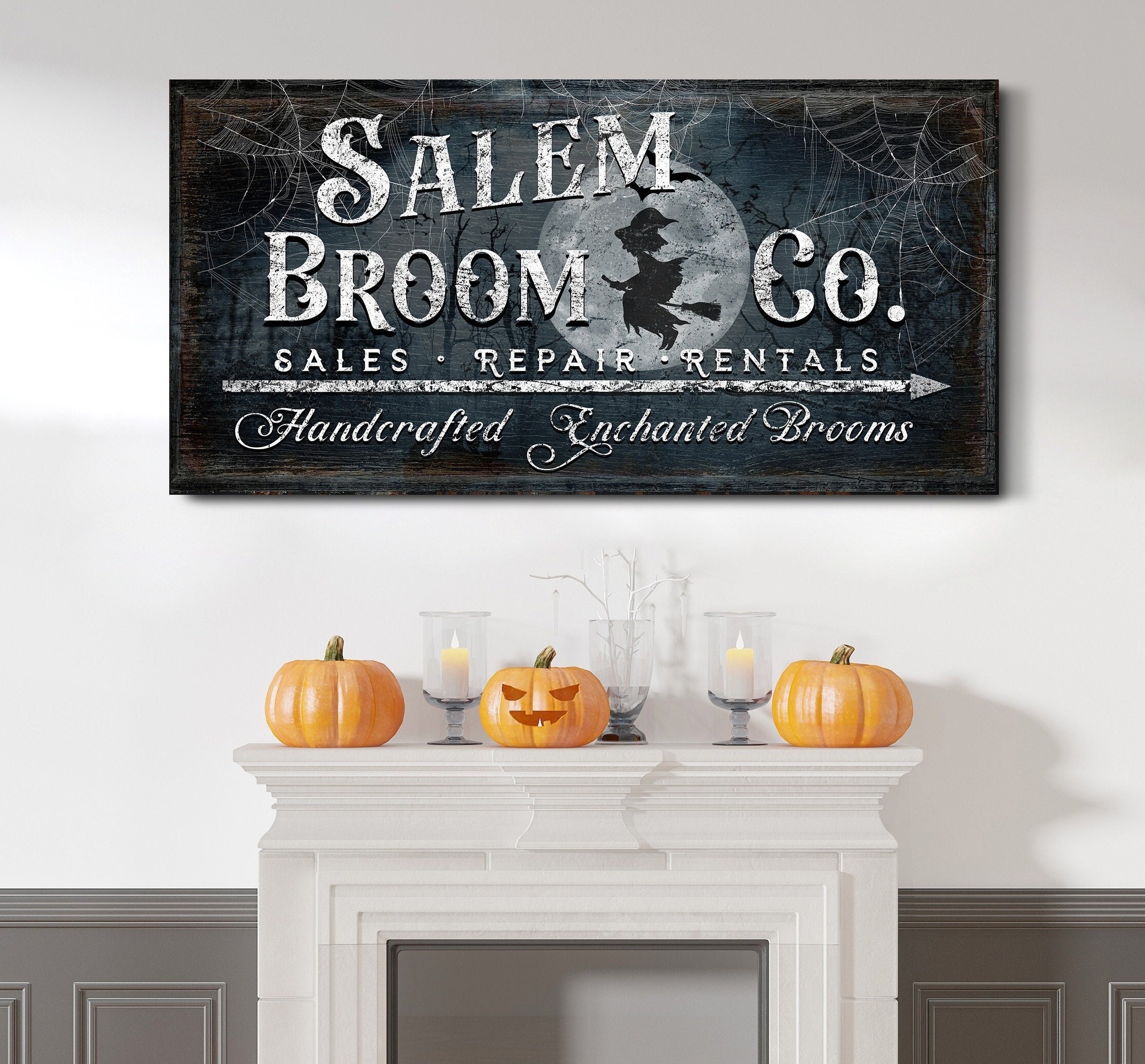 Salem Broom Co Sign Halloween Wall Decor Spooky Broom Company Sign Vintage Halloween Decorations Witch Broom Sign Medieval Canvas Wall Art