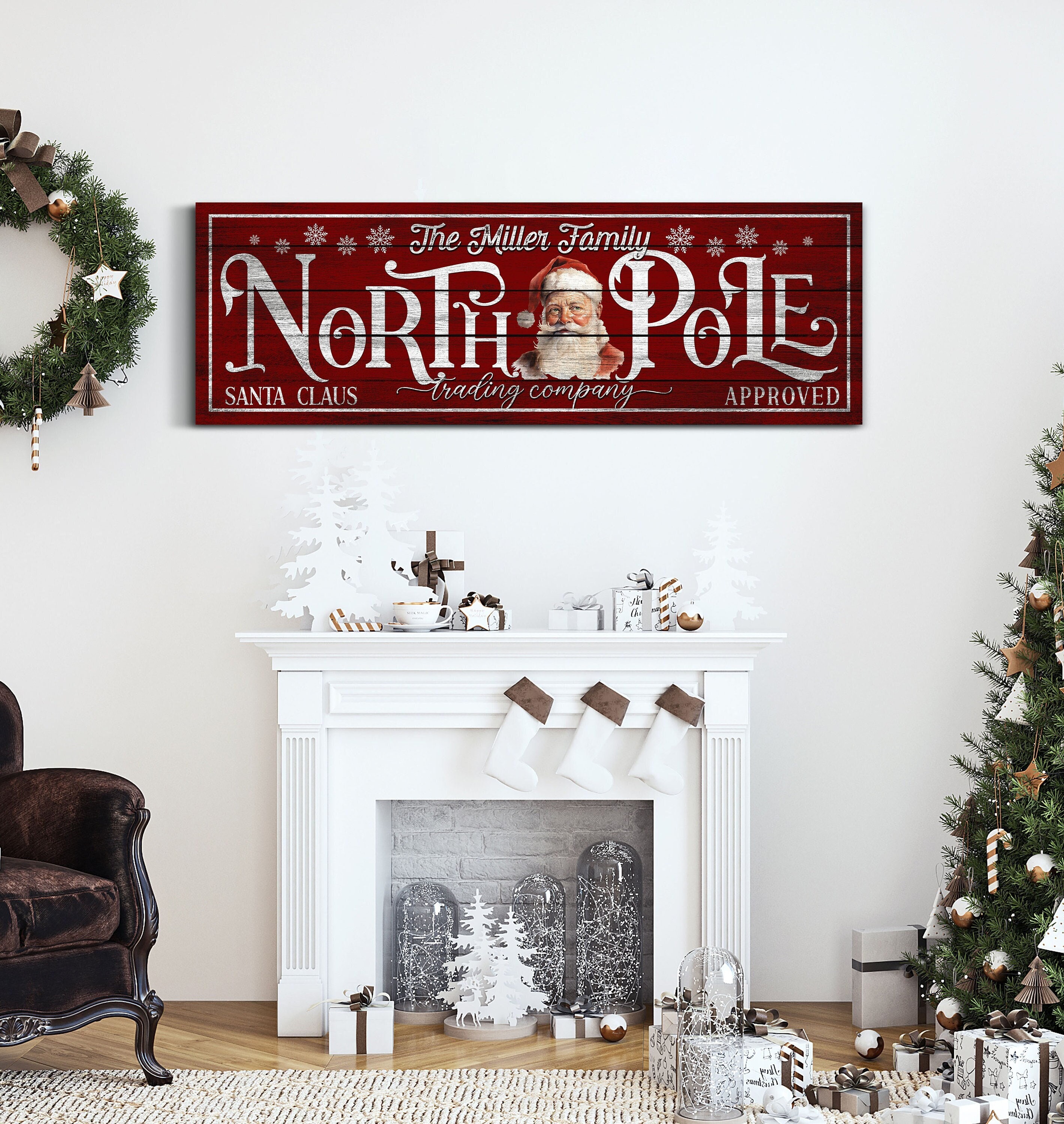 Personalized North Pole Trading Company Sign, Custom North Pole Winter Art, Modern Farmhouse Decor, Vintage Family Name Sign, Merry Xmas Art