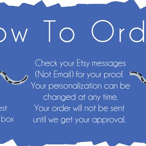 May include: Blue graphic with white text reading "How To Order." Instructions include adding a custom request, checking Etsy messages for proof, and order approval. A red truck graphic is also included.