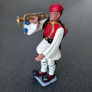 Vintage AOHNA Greek Toy Royal Guard Officer Soldier BUGLE Player, Ceremonial Outfit, Made In Greece SCARCE, 1960s
