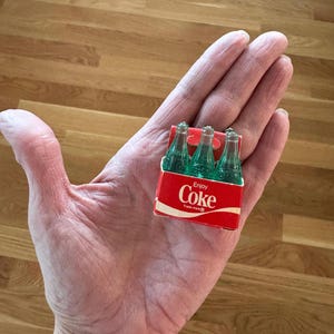 Vintage MINIATURE COCA COLA Six (6) Pack of Green Plastic Bottles in Red Cardboard Carton. 1970s Coke Advertising Collectible, Toy, 1.5” H