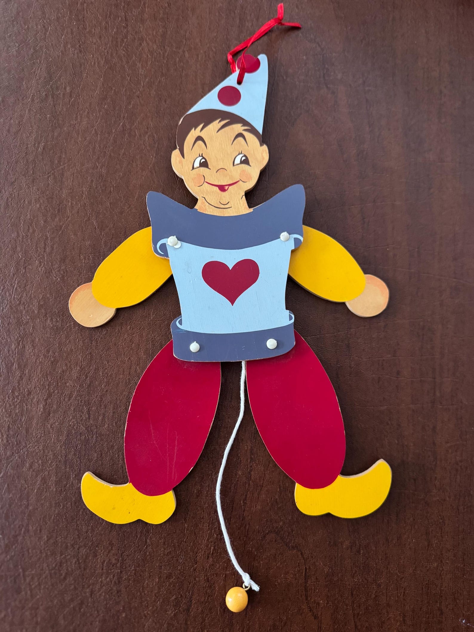 VINTAGE 1960s Toy Wooden PULL-STRING Puppet Jumping Jack Clown Wall Hanger Mertens Kunst 1960s Painted Wood Made in West Germany