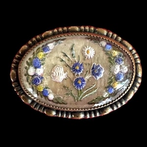 ANTIQUE INTAGLIO BROOCH 1920s Early Bohemian Reverse Painted Glass; Bubble Glass Blue Floral Pin; Delores Umbridge Harry Potter style
