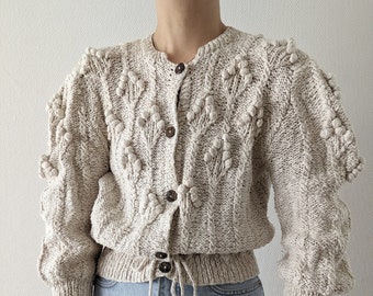 Handmade folklore vintage cardigan with tie at the waist and popcorn details XS S M