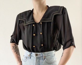 90's vintage Black transparent double breasted blouse with xxl large sailor collar XL XXL XXXL