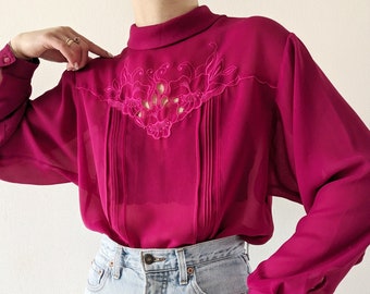 Vintage 80's raspberry red blouse with front flower embroidery and button closure at the back S M L