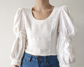 Folklore vintage pure linen waisted cropped blouse with puff sleeves XS S