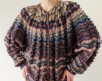 Handmade vintage 90's Wolkenstricker cardigan with leaves embroidery and popcorn details L XL XXL