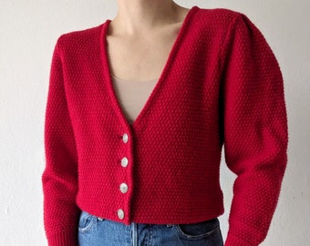 Vintage merino wool blend deep red cardigan with puff sleeves and silver buttons S M L