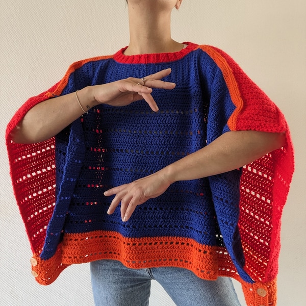 True vintage handmade crochet colour blocking poncho with wooden buttons