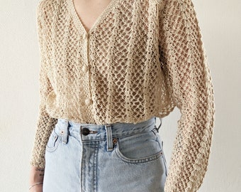 cardigan beige macramé fait main vintage XS S M