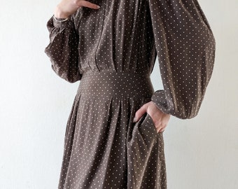 80's vintage pure silk brown midi dress with long puff sleeves, side pockets and white polka dot print S M