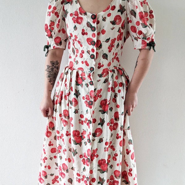 True vintage 90's linen buttoned maxi dress with puff sleeves and fruit print cottagecore folklore Austrian dirndl