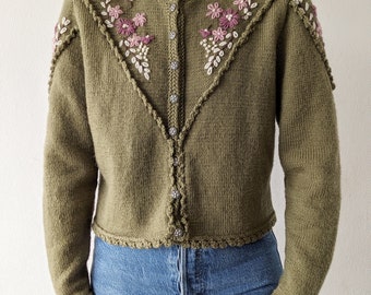 vintage fait à la main autrichien bavarois tyrolien dirndl cardigan vert olive avec broderie de fleurs S M L