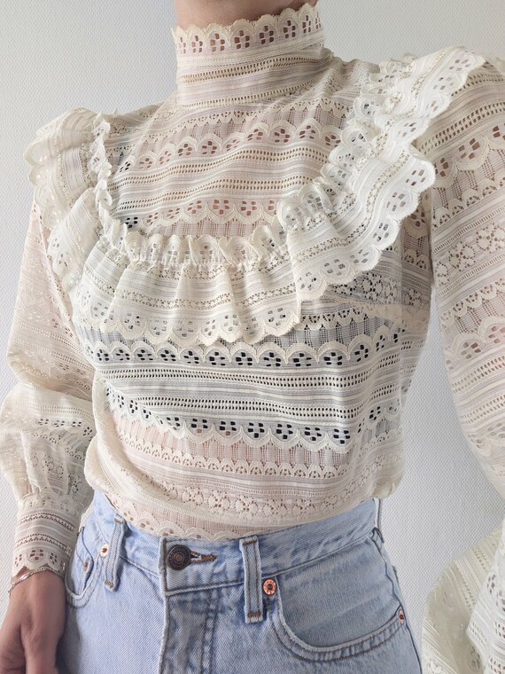 Insane Rare 70s Indian Cotton Pintuck Lace Trimmed Blouse by French Connection