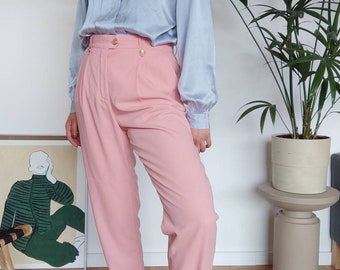 True vintage Escada pastel pink pleated high waisted wool trousers 90's 1990