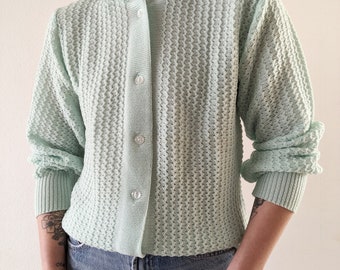 Véritable cardigan à la menthe pastel en laine légère grand-mère vintage des années 70 S M L